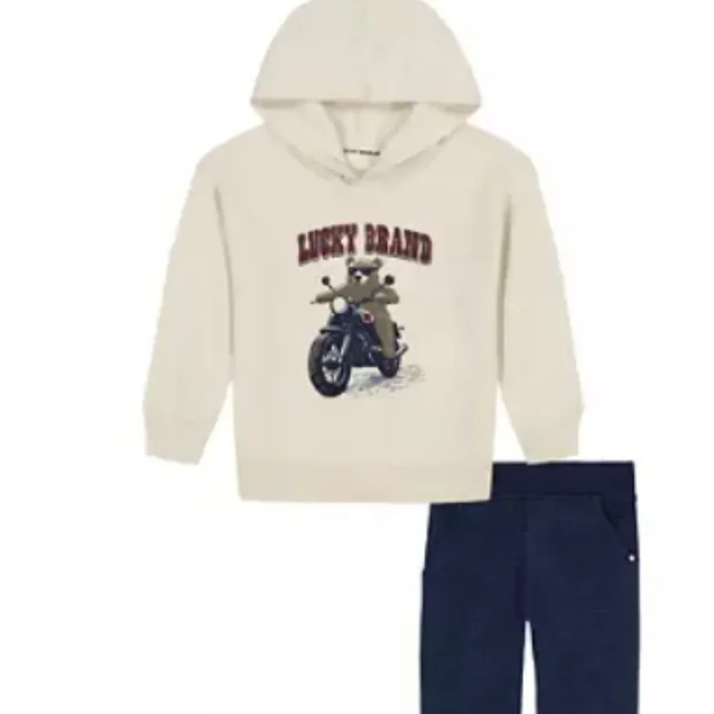 NWT LUCKY BRAND Boys 2pc Knit Hoodie and Joggers Set Bear Motorcycle Print Front